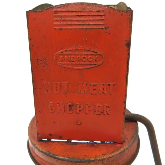 Vintage Androck Nut Meat Chopper with Glass Jar Red Metal Top Farmhouse Kitchen - Picture 2 of 15